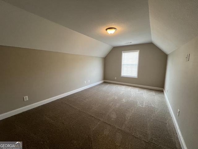 additional living space featuring carpet flooring, a textured ceiling, and lofted ceiling