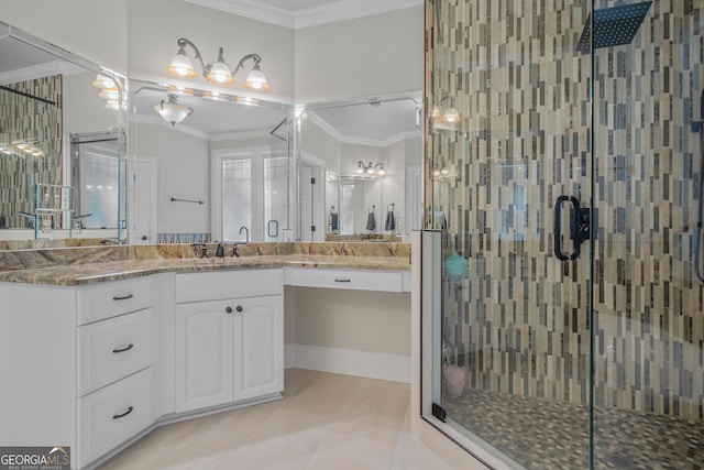 bathroom with tile patterned flooring, vanity, an enclosed shower, and ornamental molding