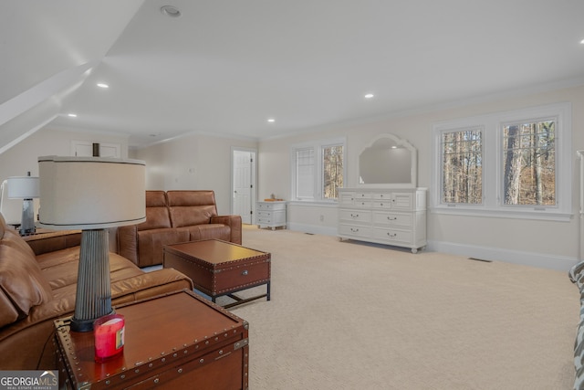 living room featuring light carpet, vaulted ceiling, and crown molding