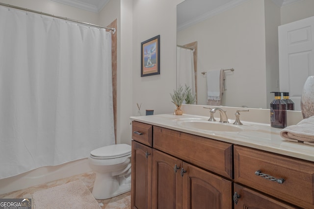 bathroom with tile patterned floors, vanity, toilet, and crown molding