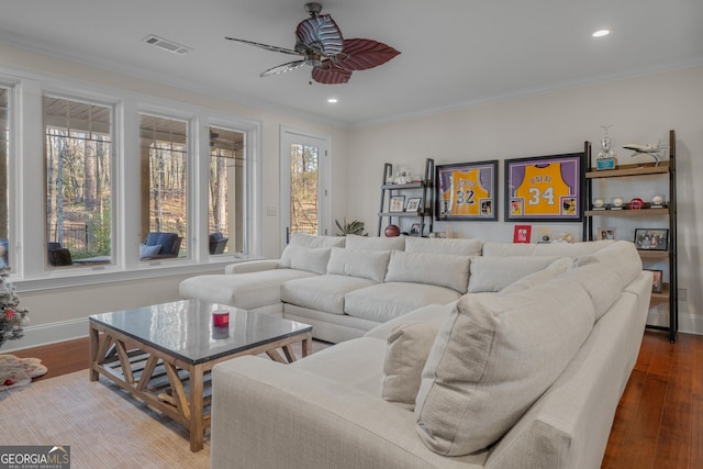 living room with hardwood / wood-style floors, ceiling fan, and ornamental molding