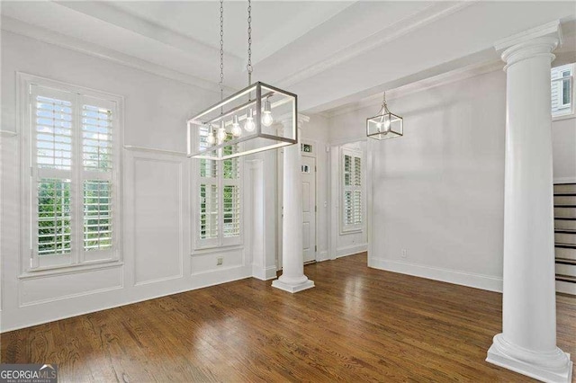 unfurnished dining area with ornate columns and plenty of natural light