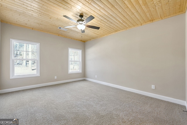 carpeted spare room with wooden ceiling and ceiling fan