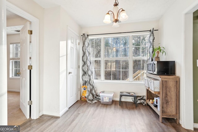 interior space featuring hardwood / wood-style flooring, a healthy amount of sunlight, and a notable chandelier