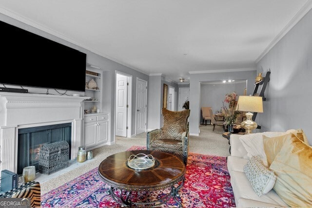 living room with light colored carpet and ornamental molding