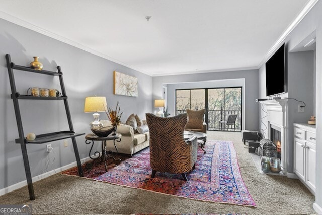 living room with crown molding and carpet floors