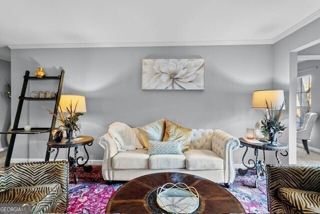 carpeted living room with crown molding