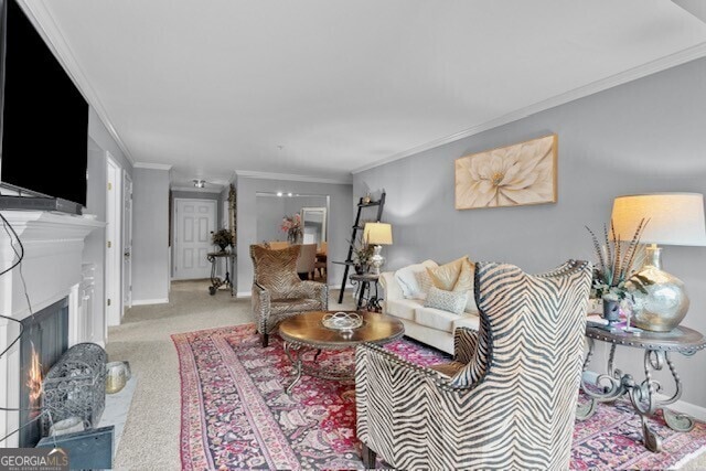 living room featuring crown molding and light colored carpet