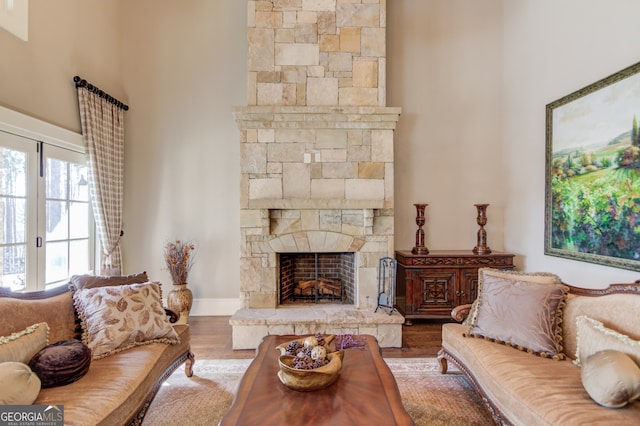 living room with a fireplace and hardwood / wood-style floors