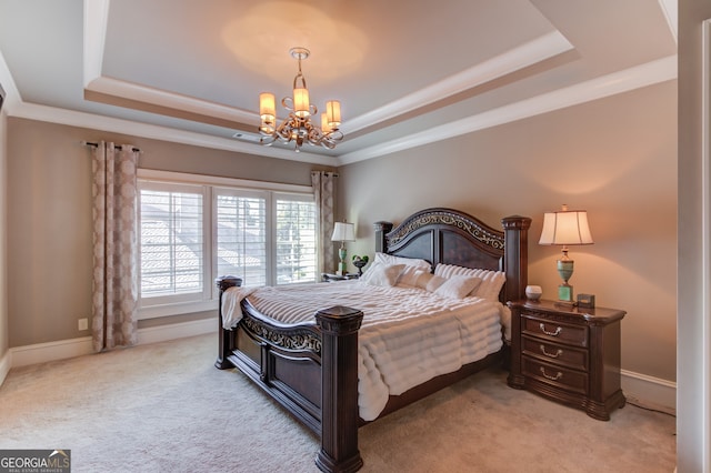 carpeted bedroom featuring a raised ceiling, crown molding, and an inviting chandelier