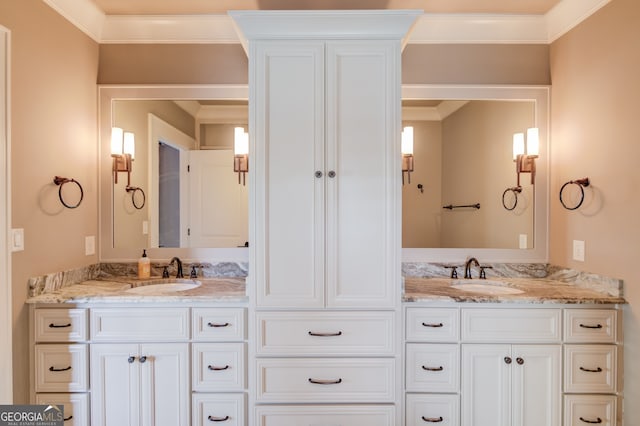 bathroom with vanity and ornamental molding