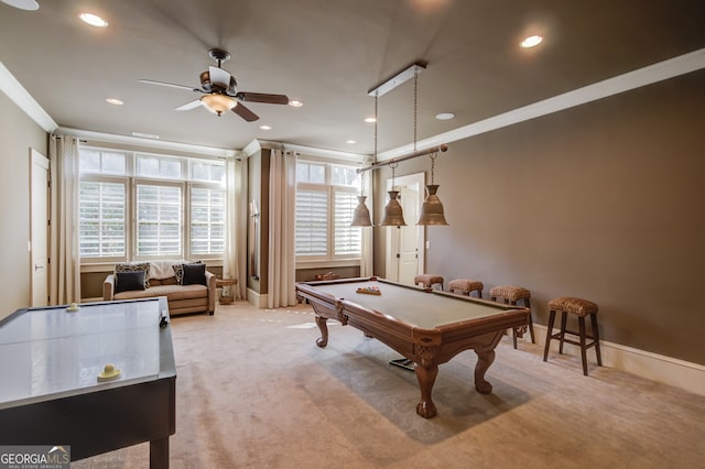 game room featuring ceiling fan, crown molding, carpet, and pool table