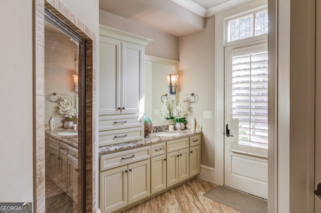 bathroom with vanity, hardwood / wood-style flooring, plenty of natural light, and ornamental molding