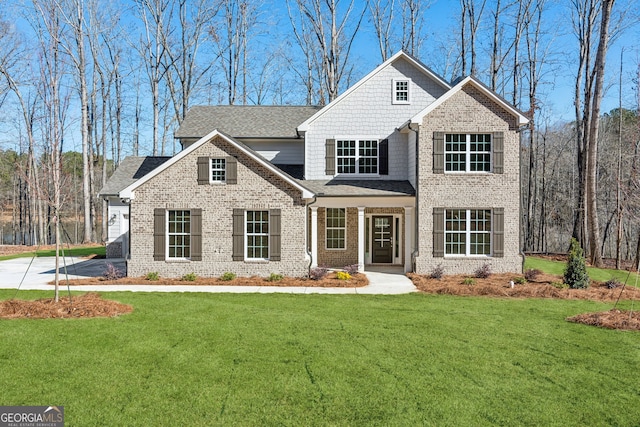 view of front of property featuring a front yard and brick siding