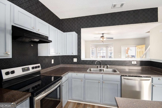 kitchen with ceiling fan, sink, white cabinetry, and stainless steel appliances