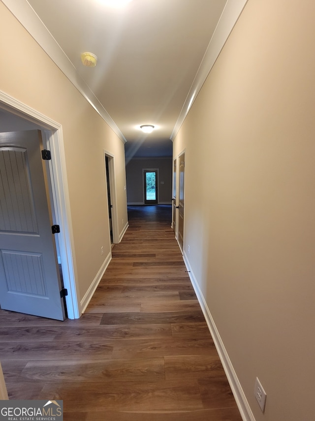15 Dixon Rd, Newnan, GA 30263 - hall featuring baseboards, dark wood-style floors, and ornamental molding