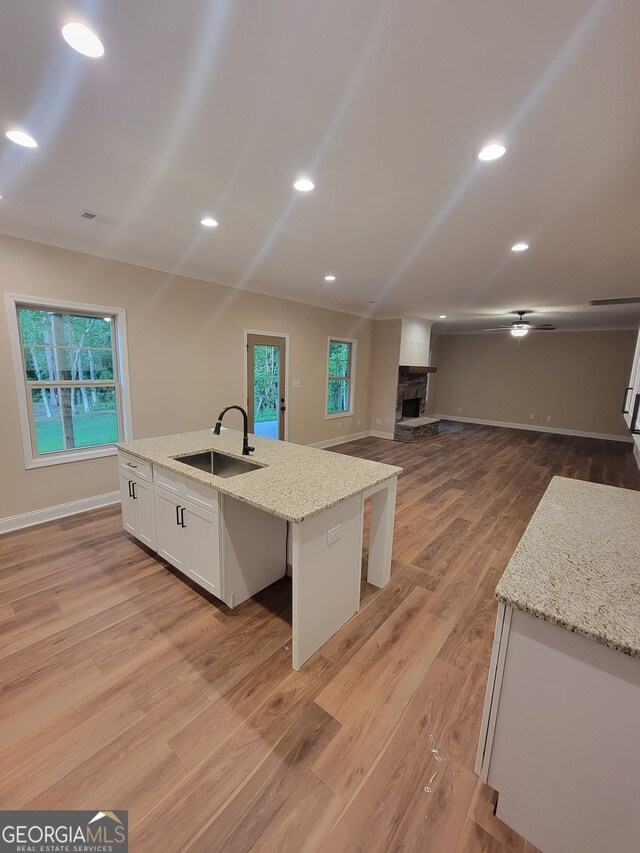 15 Dixon Rd, Newnan, GA 30263 - kitchen featuring white cabinets, a sink, light wood-style floors, a kitchen island with sink, and a wealth of natural light