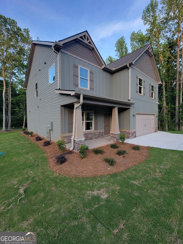 15 Dixon Rd, Newnan, GA 30263 - craftsman inspired home featuring a front lawn, covered porch, board and batten siding, an attached garage, and driveway