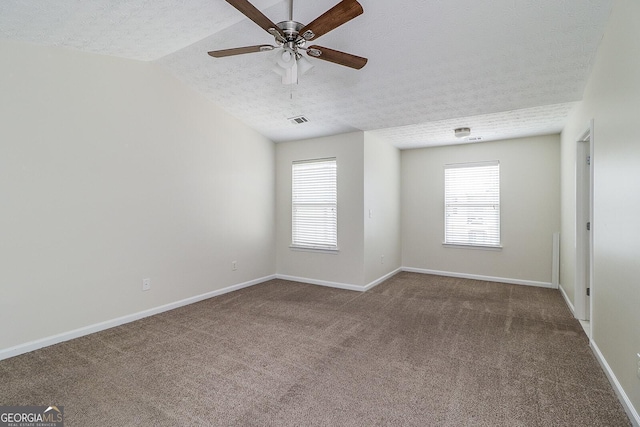 carpeted empty room featuring a textured ceiling, vaulted ceiling, and a healthy amount of sunlight