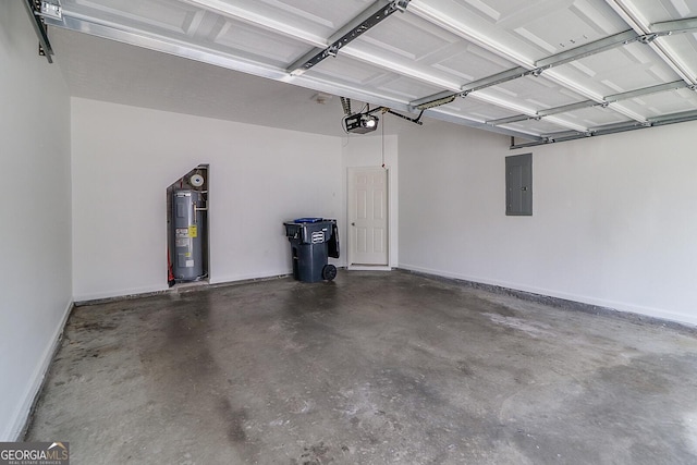 garage with electric panel, water heater, and a garage door opener