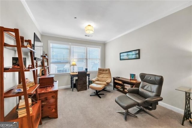 living area featuring light carpet and ornamental molding