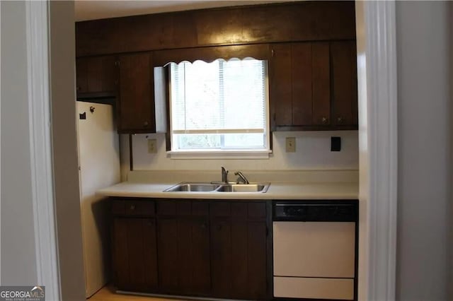 kitchen featuring dark brown cabinetry, sink, and white dishwasher