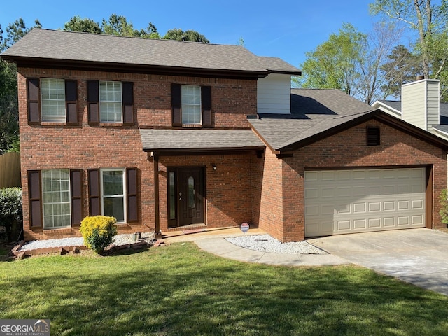 view of front of home with a garage and a front lawn