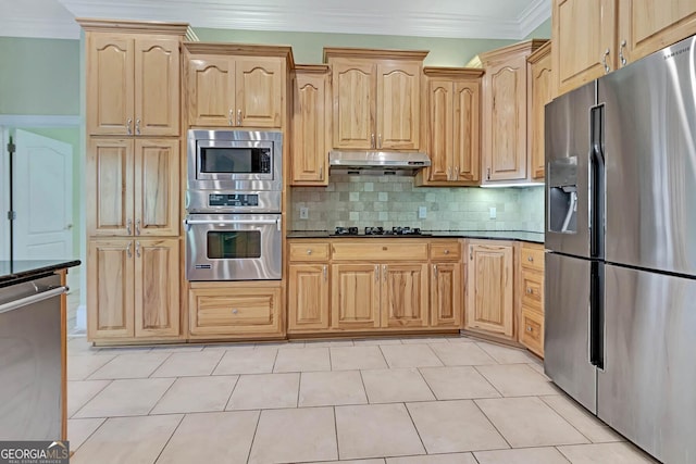 kitchen featuring backsplash, light brown cabinets, stainless steel appliances, and ornamental molding