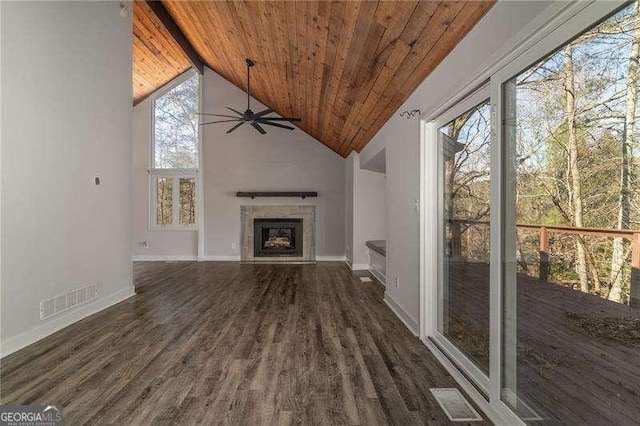 unfurnished living room with a fireplace, a healthy amount of sunlight, dark hardwood / wood-style flooring, and wooden ceiling