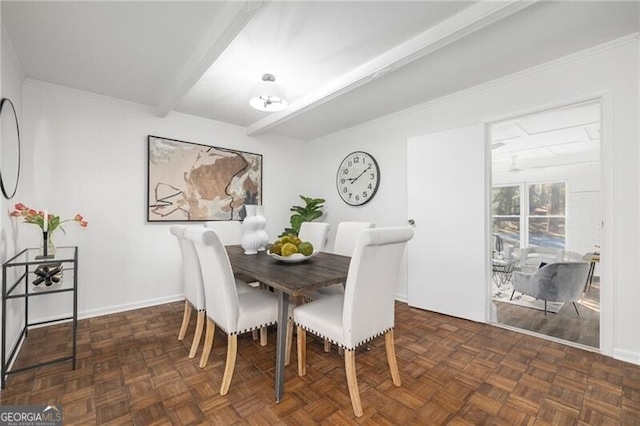 dining room featuring beamed ceiling and dark parquet floors