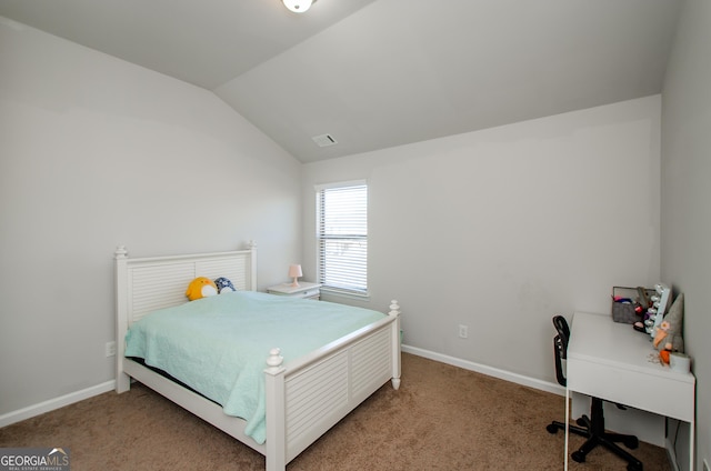 carpeted bedroom with visible vents, baseboards, and vaulted ceiling