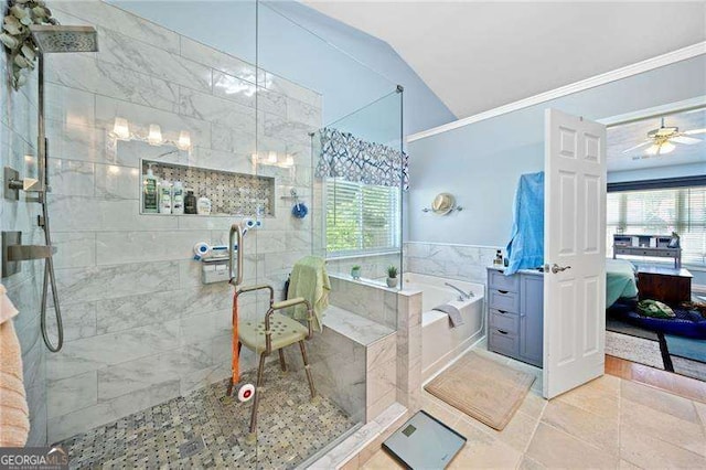 bathroom featuring ceiling fan, tile patterned floors, separate shower and tub, crown molding, and vaulted ceiling