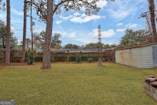 view of yard featuring a storage shed