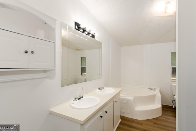 bathroom with a bathtub, vanity, a textured ceiling, wood-type flooring, and toilet