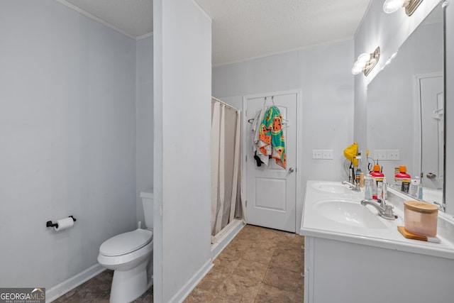 bathroom featuring a textured ceiling, vanity, toilet, and a shower with curtain