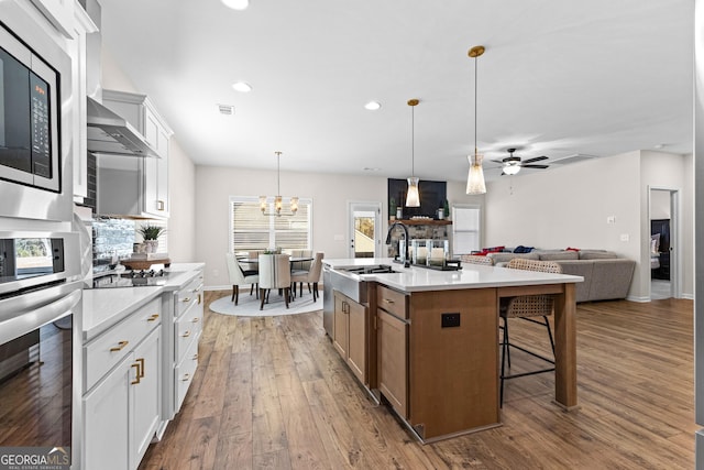 kitchen with appliances with stainless steel finishes, an island with sink, ceiling fan with notable chandelier, white cabinets, and sink