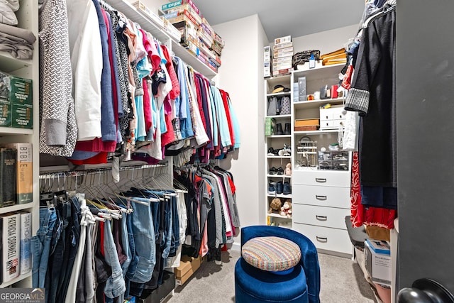 walk in closet featuring light colored carpet