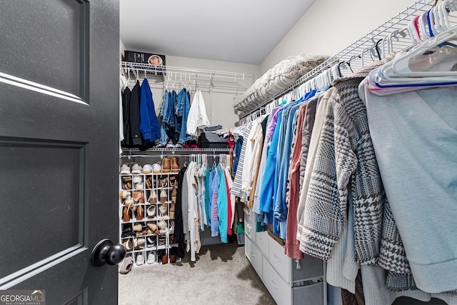 walk in closet with carpet