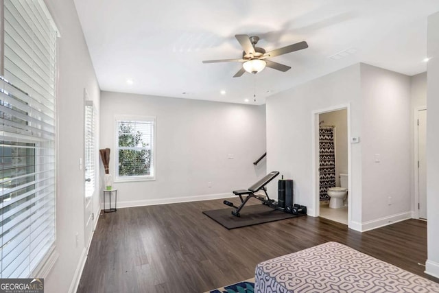 workout room featuring ceiling fan and dark hardwood / wood-style flooring