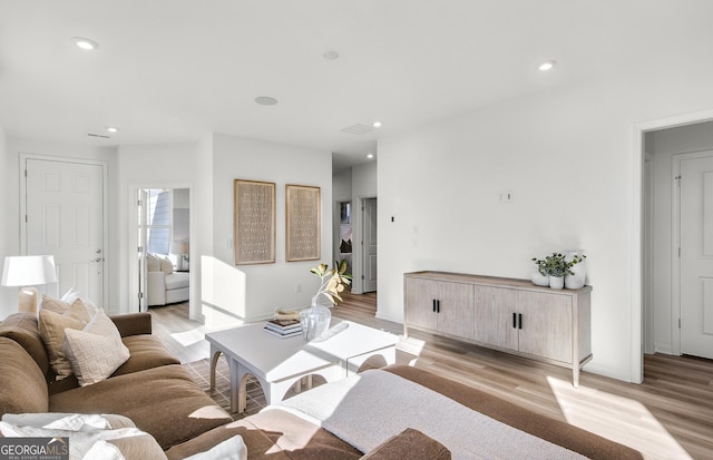 living room with light hardwood / wood-style floors