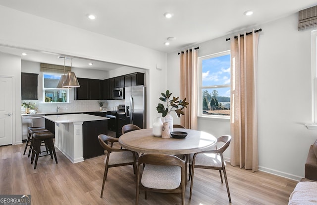 dining room featuring sink and light hardwood / wood-style floors