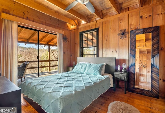 bedroom featuring wood ceiling, ceiling fan, beam ceiling, hardwood / wood-style floors, and wood walls