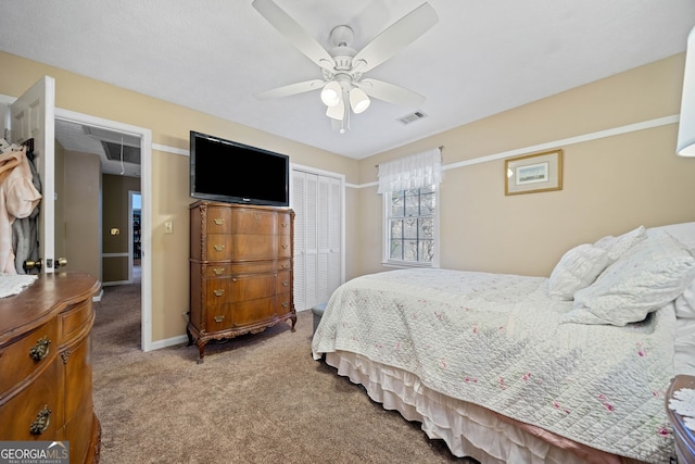 bedroom featuring carpet and ceiling fan