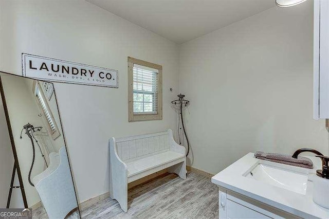 bathroom featuring wood-type flooring and vanity