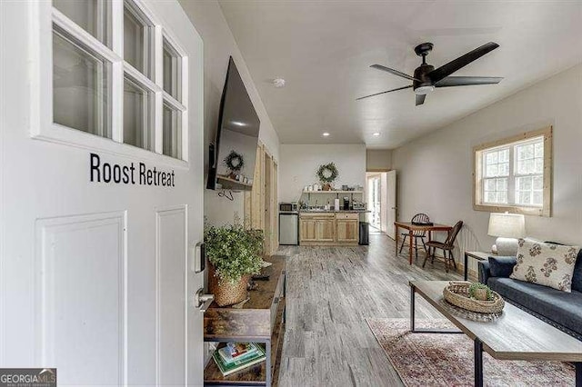 living room featuring ceiling fan and wood-type flooring