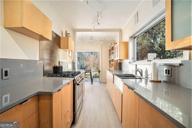 kitchen with a wealth of natural light, light wood-type flooring, dark stone counters, and stainless steel range with gas stovetop