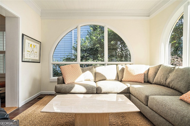 living room with ornamental molding