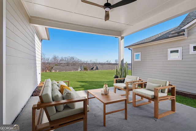 view of patio featuring an outdoor hangout area and ceiling fan