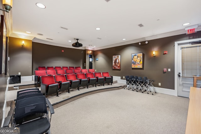 carpeted cinema room featuring crown molding