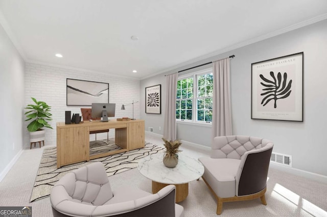 interior space with ornamental molding and brick wall